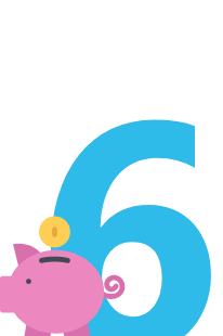 Icono de un número 6 con una hucha en forma de cerdito